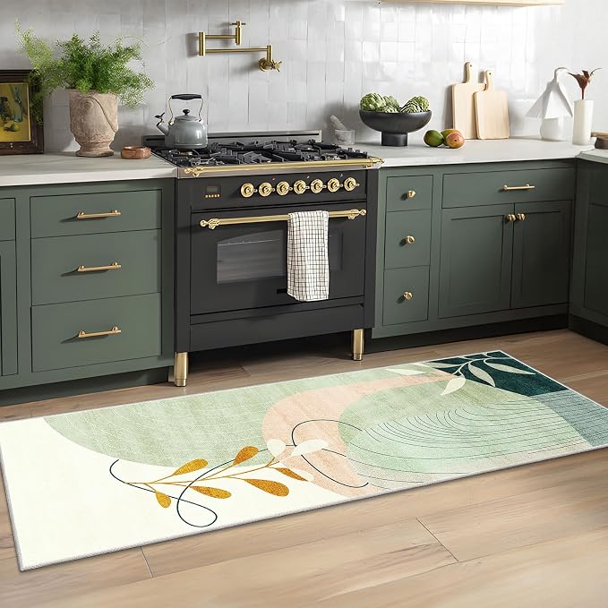 MUJOO Washable 2x6 Runner Rugs for Kitchen Hallway Bedside Bathroom Laundry Room Bedroom Floor,Boho Long Area Rug Non Slip Carpet Throw Rug Mid Century Modern Abstract Botanical Geometric Green