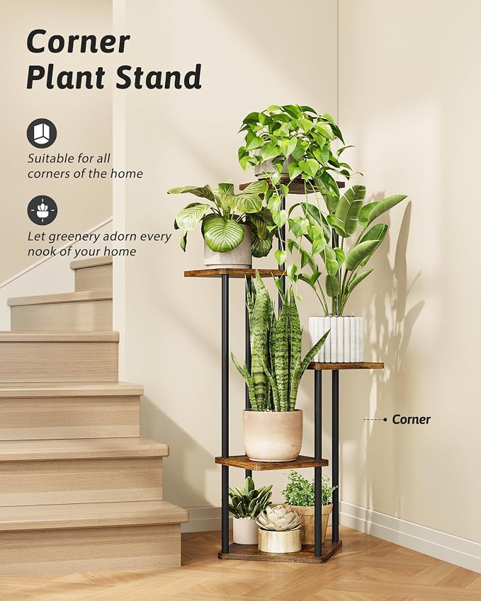 GENTINGBRO Tall Plant Stand Indoor 5 Tiered Plant Shelf for Multiple Plants Coner Shelf Stand Wood Plant Stand Metal Shelving for Living Room Bedroom Balcony Patio Brown Oak