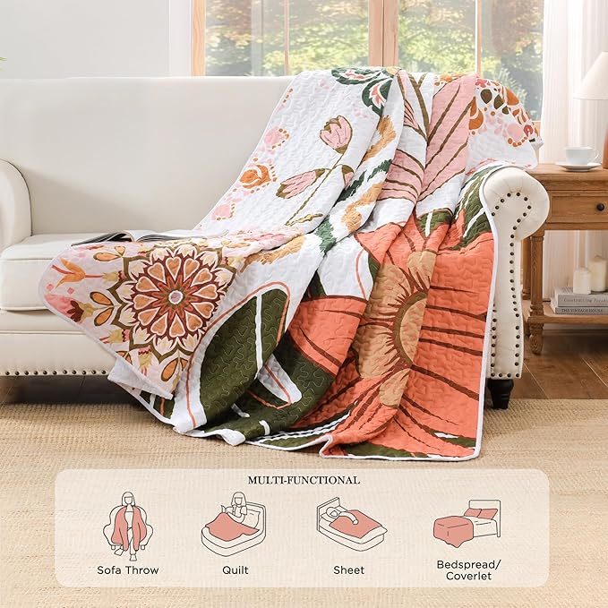 Andency Floral Boho Quilt Super King Plus Size Bedding Set Pink, 3 Pieces Farmhouse Flower Botanical Summer Bedspreads with 2 Shams, Soft Reversible Microfiber Coverlet Set for All Season, 128"x120"