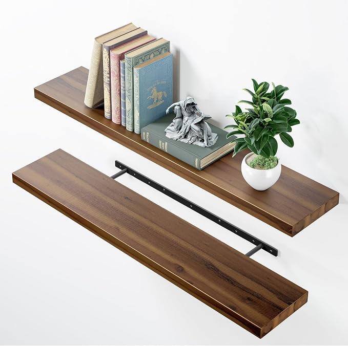 BATODA Set of 2 36" Acacia Floating Shelves for Wall – Rustic Farmhouse Floating Shelves - Wooden Wall Storage Shelf Home Décor - DIY Floating Book Shelves - with Brackets & Hardware (Walnut Color)