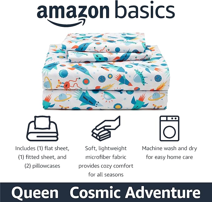 Amazon Basics Microfiber Kids' Sheet Set with Pillowcase, 4 Piece, Queen, Cosmic Adventure