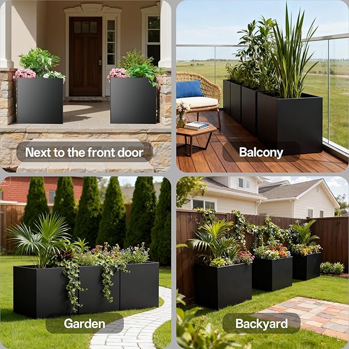 Metal Planter Box, 20" x 20"x 20", Heavy-Duty Galvanized Steel Outdoor Planter with Drainage Holes, Rectangular Planter for porches, Gardens, patios, and courtyards，Black