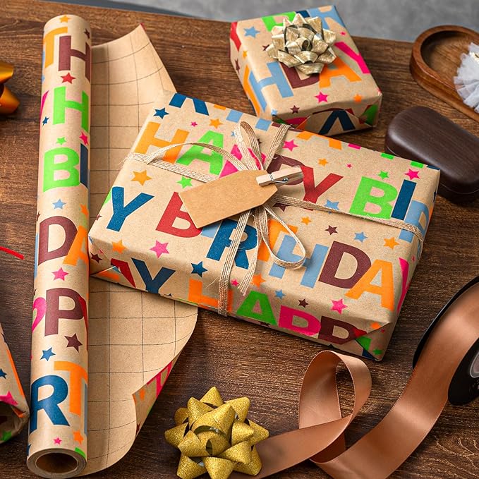 MAYPLUSS Happy Birthday Wrapping Paper Roll, Colorful Kraft Birthday Gift Wrap for Boys Girls Men Women 17 IN x 16.5 FT
