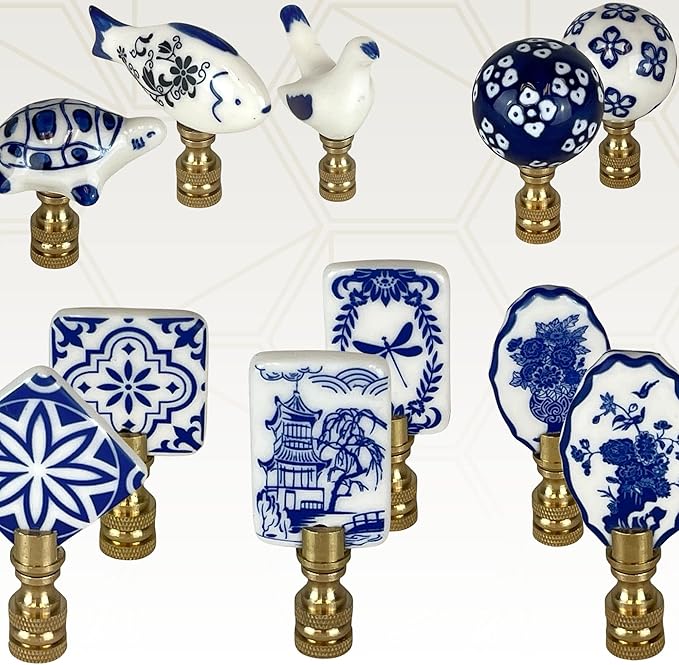 Royal Designs, Inc. Blue Porcelain Ball with White Ornament Design Finial for Lamp Shade, Polished Brass