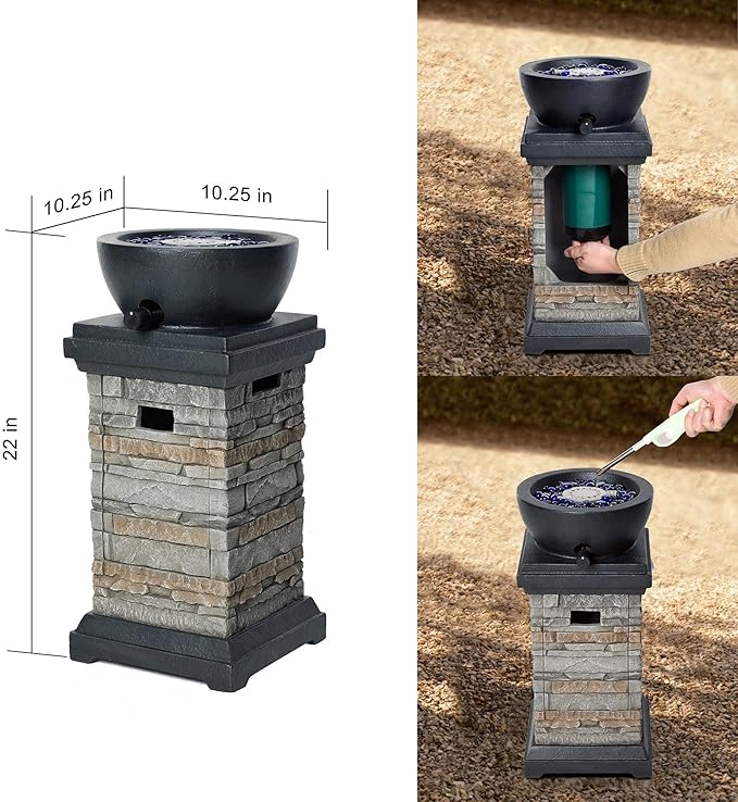 1 lb Bowl Gas Fire Pit, 10,000 BTU Propane Fire Pit, Outdoor Firepit for Outdside Patio w/Glass Rocks