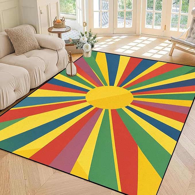Rainbow Sunburst Area Rug Colorful Geometric Sun Carpet Soft Non-Slip Washable Floor Mat for Bedroom Living Room Nursery Playroom Classroom Home Decor,5'x7'