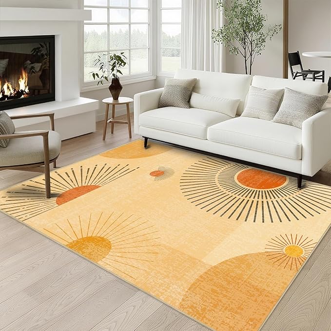 Sun Rug 3x5 for Living Room Mid Century Modern Area Rugs Machine Washable Boho Geometric Rug Non Slip Printed Low Pile Indoor Floor Carpet for Kitchen Bathroom Bedroom,Yellow
