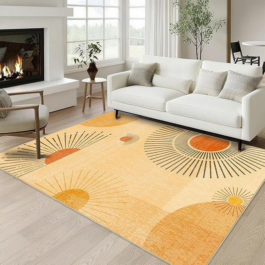 Sun Large Area Rug 4x6 for Living Room Mid Century Modern Rugs Machine Washable Boho Geometric Rug Non Slip Printed Low Pile Indoor Floor Carpet for Dining Room Bedroom Office,Yellow