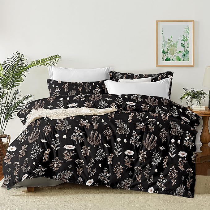 Nayoroom Black Floral Duvet Cover Queen Size Cottagecore Botanical Flower Duvet Cover 3 Pieces Soft Lightweight Aesthetic Bedding Set with Zipper Closure