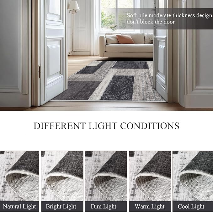 Modern Geometric Patchwork Indoor Area Rug for Living Room, Charcoal 4'x 6' Large Rug Rockwood Collection Hardwood Floors Decor for Bedroom, Grey Throw Carpet for Office Entryway Dining Room