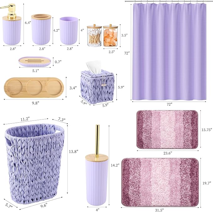Bathroom Accessories Set, 25PCS Wicker Bathroom Accessory Set with Shower Curtain, Bath Mat, Soap Dispenser, Handwoven Trash Can & Rattan Tissue Box (Purple, Bath Set+Shower Curtain+Rugs)