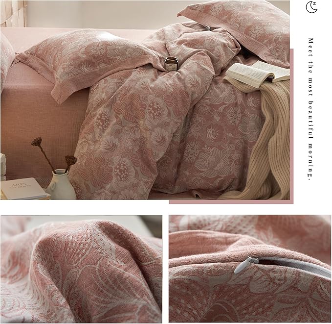 VM VOUGEMARKET Blush Pink Flower Duvet Cover Set Queen,3 Pieces Retro Jacquard Pink Floral Bedding Set,Linen Cotton Yarn-Dyed Textured Duvet Cover with Zipper Closure