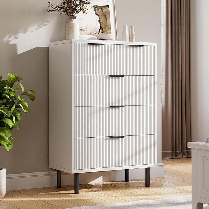 GarveeHome White Wave Fluted 5 Drawer Dresser for Bedroom, Modern Wood Chest of Drawers with Wide Drawers, Closet Dresser Organizer with Anti-Tipping Device and Metal Legs for Hallway Entryway