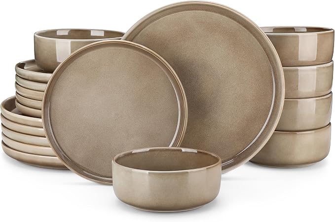 vancasso PLAYA Plates and Bowls Sets, 18 Pieces Dark Brown Dinnerware Sets for Kitchen, Reactive Glaze Dishes Set for 6, Dishwasher and Microwave Safe
