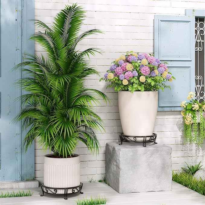 LASZOLA Black Plant Stand for Single Large Outdoor Indoor Pot, Heavy Duty Metal Floor Fern Base for 11 Inches Planter, Elevated Big Wrought Iron Flower Holder for Patio Porch, Rust Proof, 2 Pack