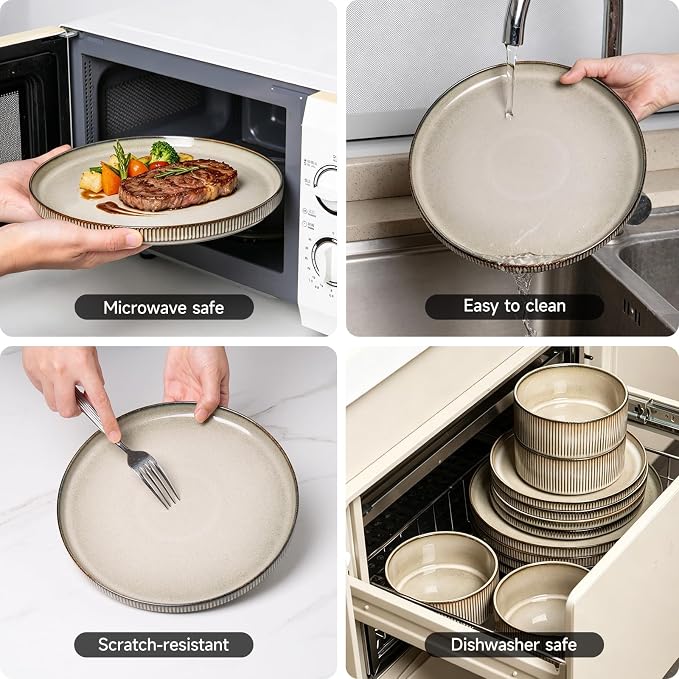 MONITO Ceramic Dinnerware Sets for 6, 18PCS Stoneware Plates and Bowls Sets, Reactive Glaze Dish Set, Chip and Scratch Resistant Double, Microwave and Dishwasher Safe, Brown