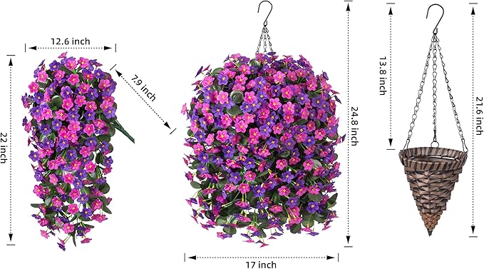 Artificial Fake Hanging Flowers with Basket for Outdoor Decoration,UV Resistant Faux Silk Daisy Flowers Dark Purple and Fuchsia Orchid Vines in Planter Realistic Hanging Baskets for Home Porch Garden