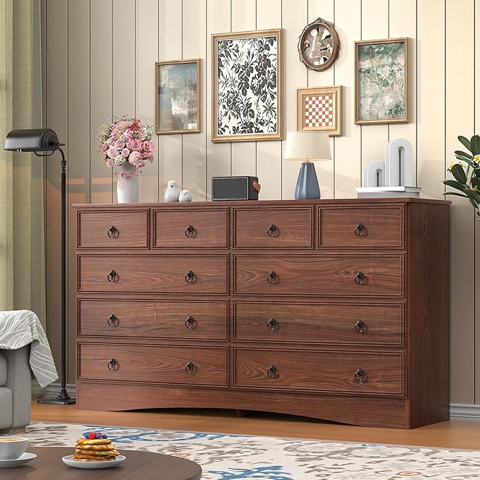 Dresser for Bedroom with 10 Drawers, Large Chest of Drawers Storage Organizer, Long Dresser Storage TV Stand for Living Room, Bedroom, Hallway Cherry Wood