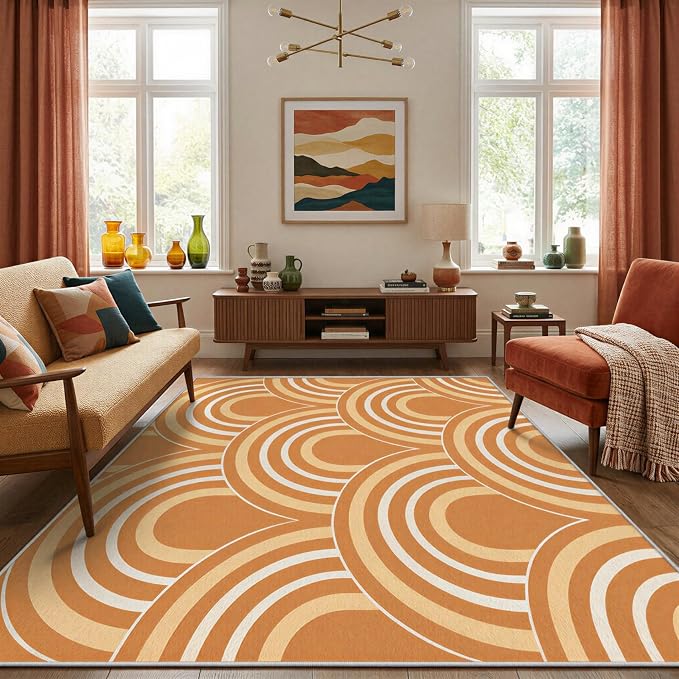 Terracotta Arch Area Rug 3 x 5 ft, Mid-Century Modern Geometric Rug, Burnt Orange Cream Abstract Washable Rug, Soft Low Pile Non-Slip Carpet for Living Room Bedroom
