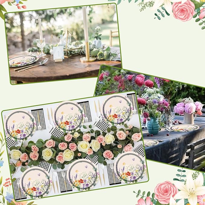 75pcs Floral Disposable Tableware Set, Spring Floral Paper Party Plates Napkins Forks Watercolor Flower Dinnerware Favors for Baby Shower Girls Women Birthday Tea Picnic Serve 25 Guests