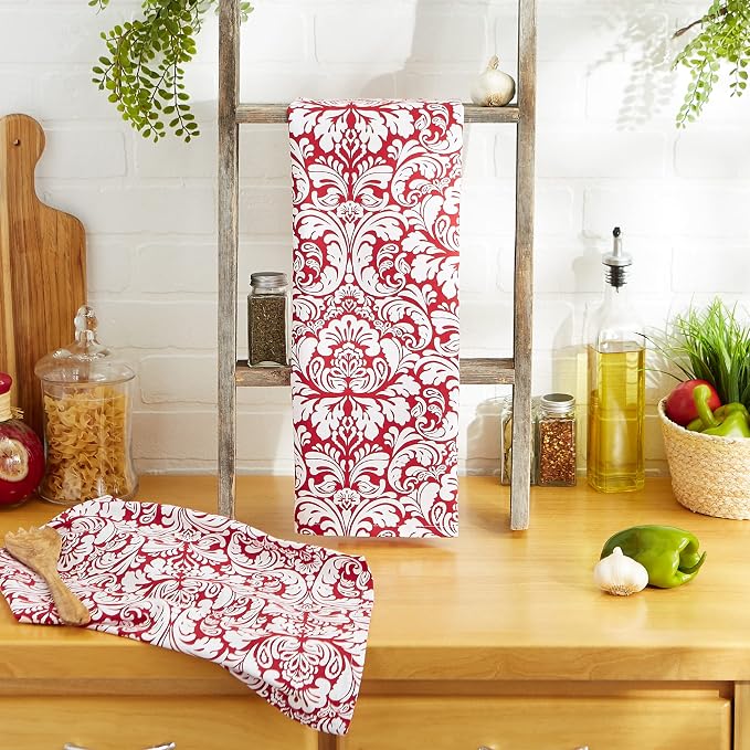 DII Cotton Dish Towel Set Damask Print, 18x28, Tango Red, 2 Count