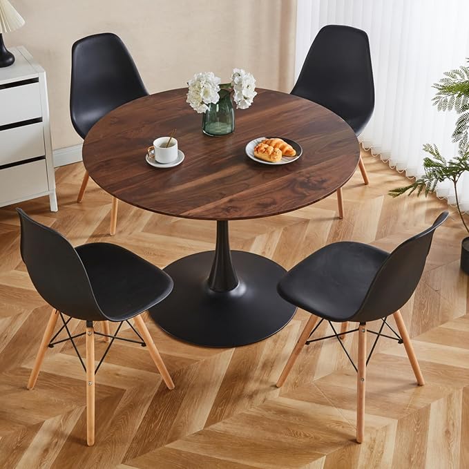5-Piece Round Dining Table Set,42" Mid-Century Modern Kitchen Table with 4 Chairs,Tulip Pedestal Table & Solid Wood Legs,Space Saving Compact Furniture for Small Spaces Apartment Home,Walnut/Black