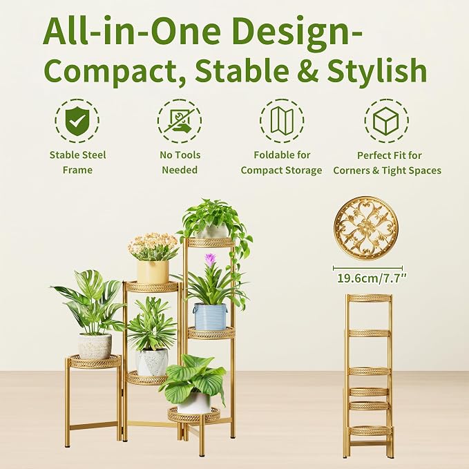 6 Tiered Plant Stand Indoor for Multiple Large Planter, Tall Heavy Duty Adjustable Folding Rack with Rustproof 7.9 Inch Wide Tray, Plant Shelf for Corner Living Room - GoldWave