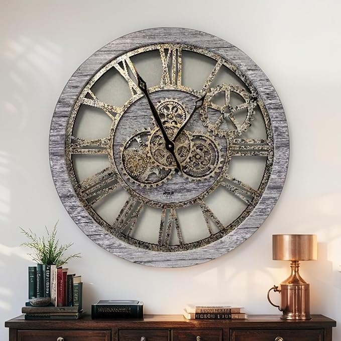 ImprovingLife The Gears Clock The Original Real Moving Gear Wall Clock Vintage Industrial Oversized Rustic Farmhouse (24 inch (60cm),Silver Grey)