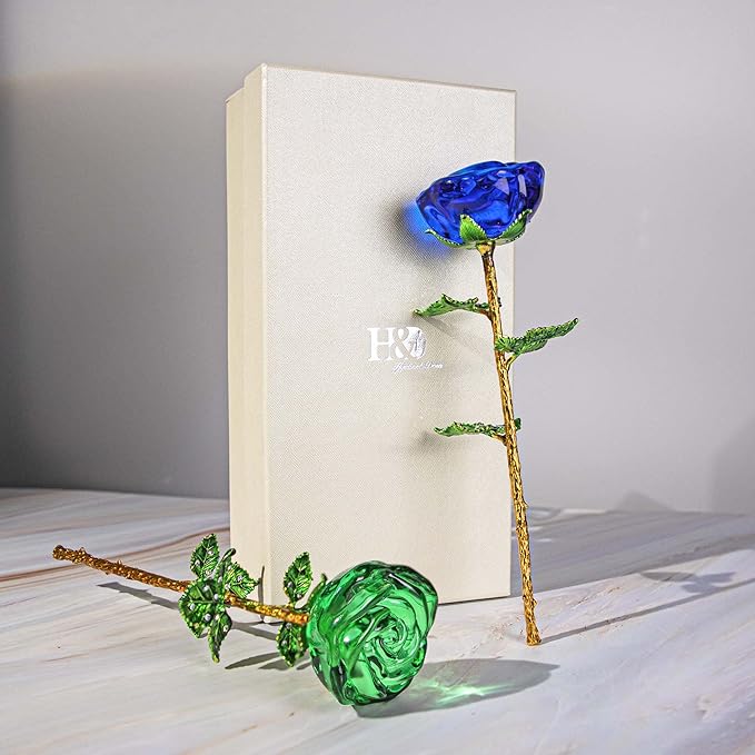 HDCRYSTALGIFTS 9.5'' Crystal Rose Flower Glass Blue and Green Flowers with Green Leaves for Wedding Anniversary/Wife, Romantic Forever Gifts for Her (Pack of 2)