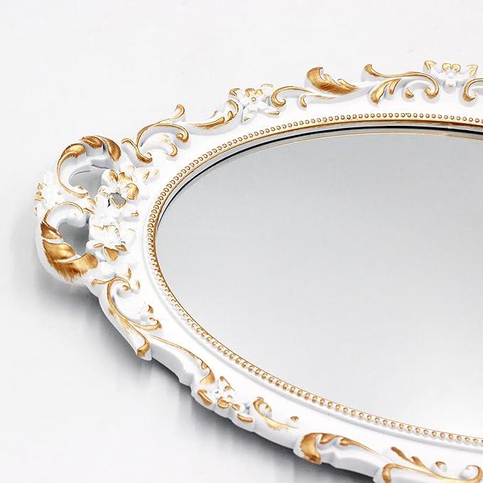 Tstarer 2 Pack - Vintage Decorative White Framed Mirror, Wall Hanging Mirrors & Tabletop Tray for Bedroom Living Room Dresser Decor, Oval- 9.6" W x 14.3" L (WHITE-2PACK)