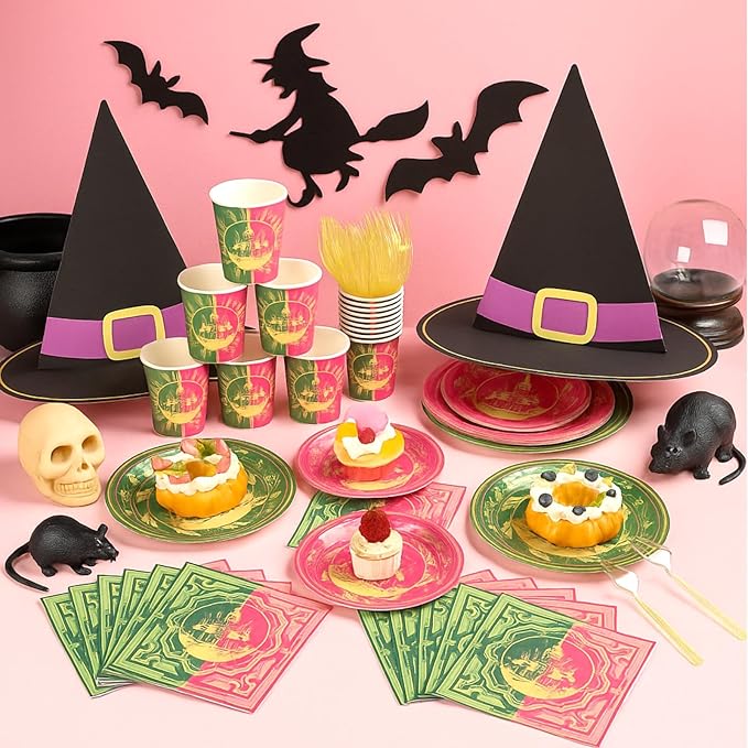 Roshtia 25 Set Witch Party Supplies Pink and Green Paper Plates Napkins Tablewares Disposable Witch Dinnerware for Girls Women Witchy Birthday Party Decorations Favors