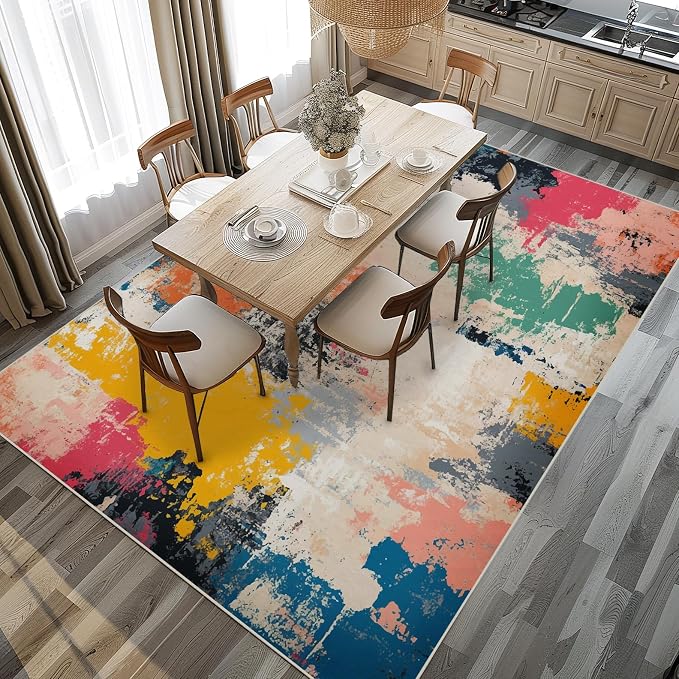 6x9 Colorful Area Rug Modern Abstract Beige Orange Yellow Pink Blue Black White Grey Rug Bedroom Low Pile Thin Large Carpet Living Room Non Slip Dining Room Stain Resistant Office Washable Machine