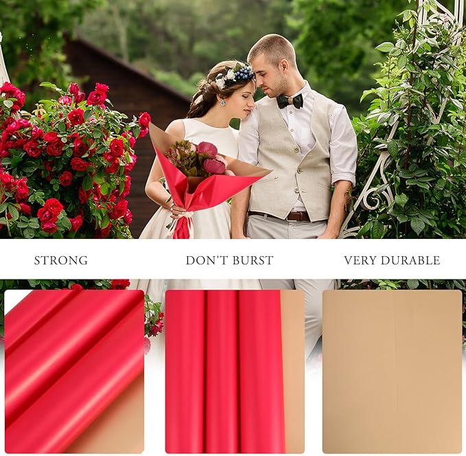 PartyKindom 20Pcs Double-sided Flower Wrapping Paper Bouquet Packing Paper for Floral Arrangements and Wrapping Red and Gold Design for Weddings Birthdays and Special Occasions