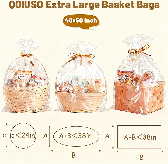 QOIUSO 6PCS Extra Large Cellophane Bags 40x50 Inch, Clear Cellophane Wrap for Large Christmas Gift Baskets, 2.8 Mil Thick Clear Gift Bags for Christmas, Holiday Parties, Weddings & Birthdays