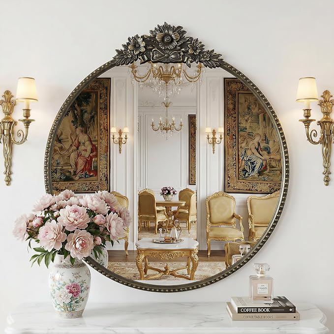 Baroque Antique Black Round Mirror for Wall Decor - 24" Circle Wall Mirror with Vintage Ornate Carved Floral Top Beaded Metal Frame for Bathroom Vanity, Entryway, Fireplace, Living Room, Bedroom