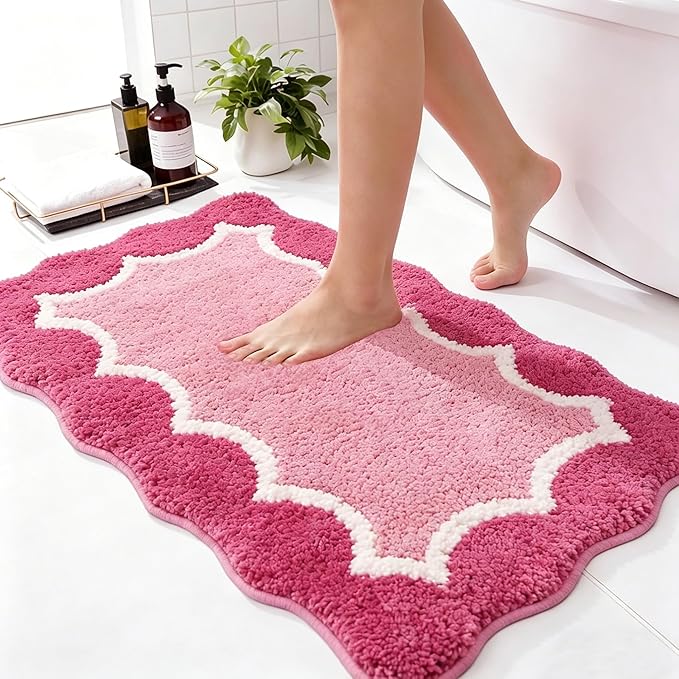 Cute Scalloped Rose Pink Bathroom Rugs Mat,Non Slip Absorbent Quick Dry Bath Mats for Shower Room,Microfiber Bath Mats for Bathroom Floor Washable Carpet for Shower Tub Sink Bedroom,20"x32"
