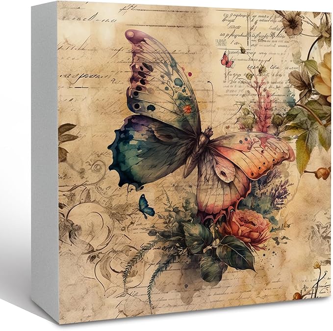 KFXHANGD Vintage Butterfly Wooden Box Sign, Wildflower Signs for Bathroom, Bedroom, Home, Rustic 5x5 Inch
