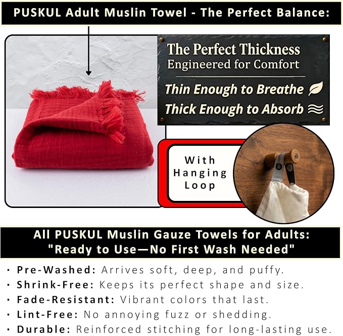 PÜSKÜL - Premium 2-Piece Oversized Muslin Bath Towel for Adult 35x70 Extra Large Bath Sheets | Natural 100% Turkish Cotton Soft Absorbent Quick-Dry Lightweight Spa & Beach Towels (Pack of 2, Red)