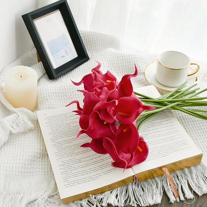 Mandy's PU Hot Pink Calla Lily Artificial Flowers 20 Stems 13.5in Faux Realistic Centerpiece for Thanksgiving and Christmas Decorations DIY Bridal Bouquet Home Décor