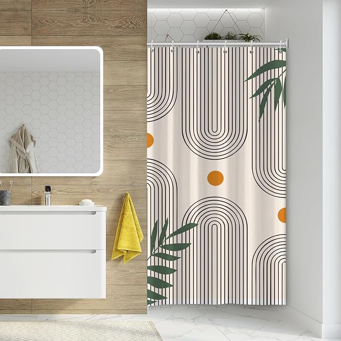 Boho Mid Century Shower Curtain Bohemian Minimalist Geometric Arch Sun Bathroom Curtain Sage Green Plant Polyester Shower Curtain Sets for Bathroom Extra Long 36x72 in with 6 Hooks
