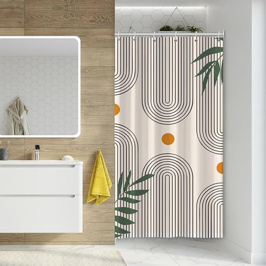 Boho Mid Century Shower Curtain Bohemian Minimalist Geometric Arch Sun Bathroom Curtain Sage Green Plant Polyester Shower Curtain Sets for Bathroom Extra Long 36x72 in with 6 Hooks