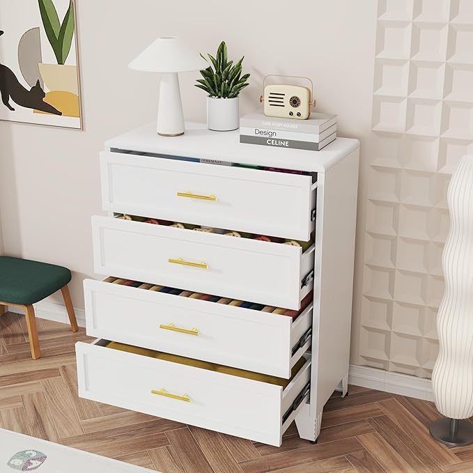 4 Drawers Tall White Dresser for Bedroom, 44.45" Metal Dressers & Chests of Drawers Curved Corner Design, Storage Organizer Drawer Chest with Large Capacity for Living Room, Entryway, Hallway