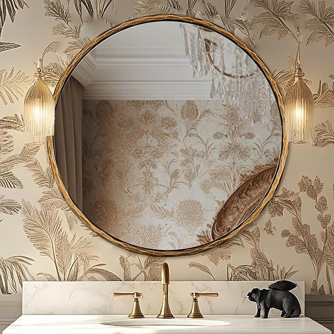 ANDY STAR 30 Inch Hand-Forged Round Gold Mirrors, Hammered Round Bathroom Mirror for Over Sink, Brass Vanity Circle Mirror for Antique, Vintage, Farmhouse, Rustic, Solid Steel Metal Frame