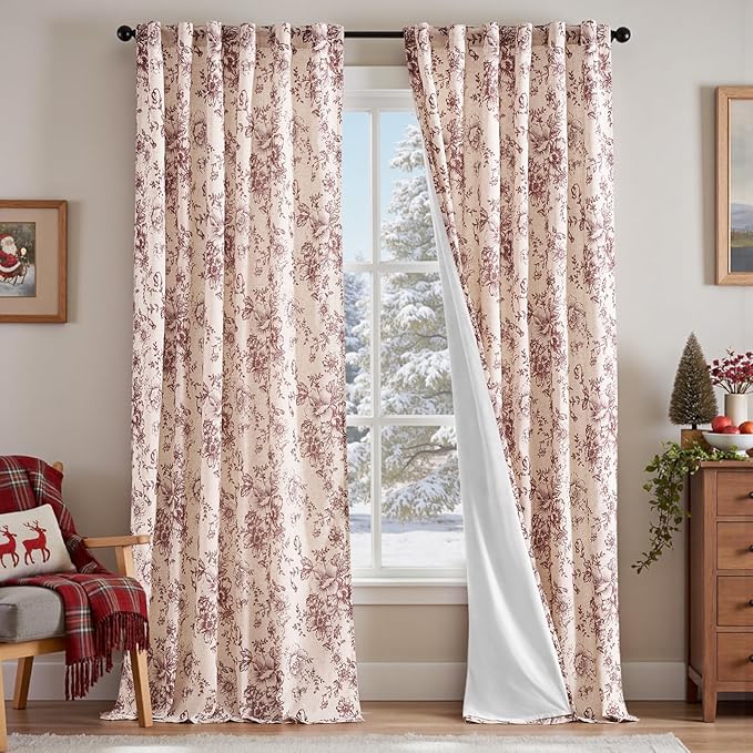 jinchan Lined Linen Blend Curtain Floral Curtains for Living Room 108 Inches Long Christmas Red Peony Flower Printed Curtain Rod Pocket Back Tab Farmhouse Patterned Drapes Curtains Set 2 Panels