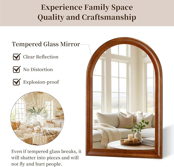 Tanmicoshomy Arched Bathroom Mirrors for Wall 20x30 Inch，Rustic Wood Wall Mirrors with Tempered Glass for Living Room, Bedroom or Entryway(Brown)