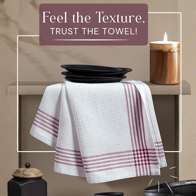 Waffle White & Burgundy Wine Dish Towels Set of 4, 100% Cotton, 16x26 inches, Reusable Cleaning Cloths for Drying Dishes, Quick Dry Kitchen Towel, Durable for Heavy-Duty Use