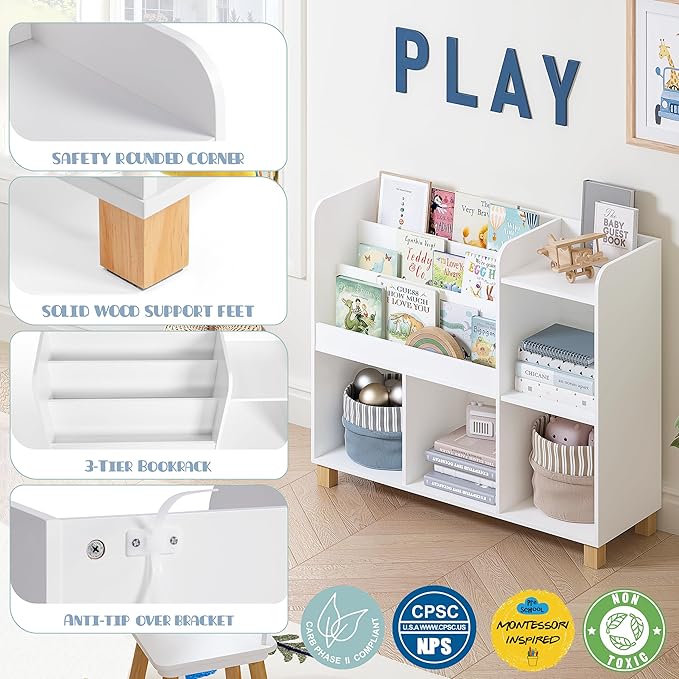 Spirich Kids Bookshelf and Toy Storage, Children Cube Organizer Bookcase Shelf, Tall Kids Book Rack for Bedroom, Playroom and Nursery, White