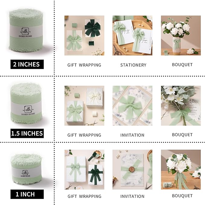 DORIS HOME Sage Green Chiffon Ribbon for Flower Bouquet, 1" x21Yd Fabric Ribbon for Gift Wrapping, Handmade Frayed Ribbon for Wedding Invitations/Christmas Decorations
