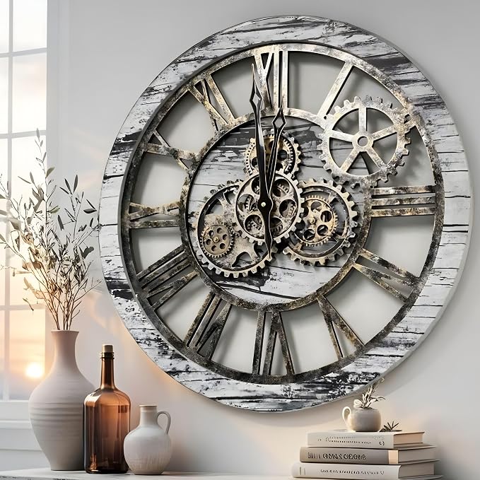 ImprovingLife The Gears Clock The Original Real Moving Gear Wall Clock Vintage Industrial Oversized Rustic Farmhouse (24 inch (60cm), Vintage Grey and White)