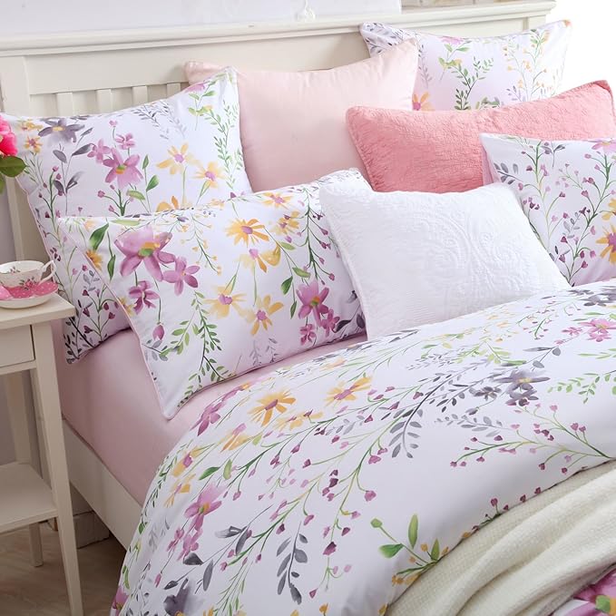 Brandream 100% Egyptian Cotton Bedding Set Full Size - 3 Pieces Floral Print Duvet Quilt Cover Sets with Button Closure